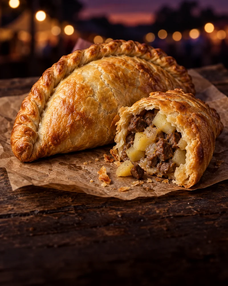 Golden hand-crimped pasties on brown paper, with a savoury filling