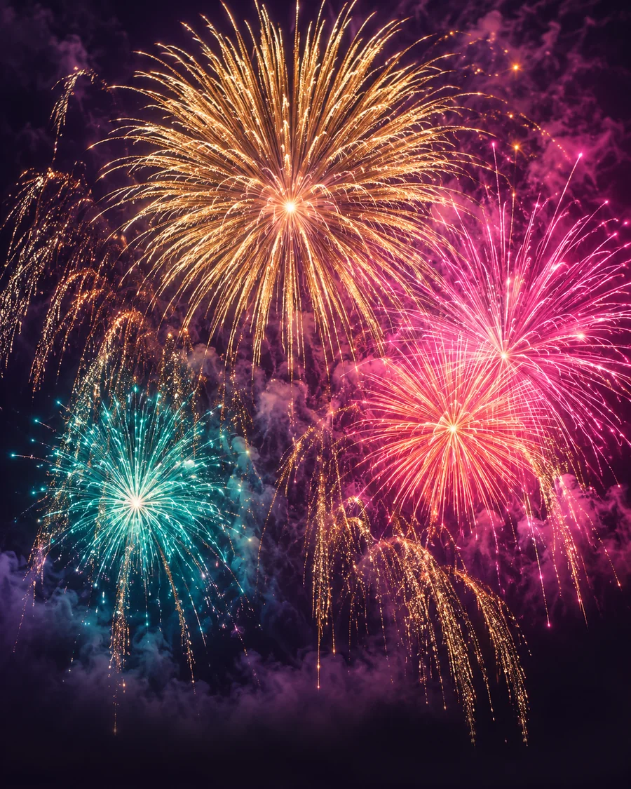 Golden, pink and turquoise fireworks bursting across a purple night sky